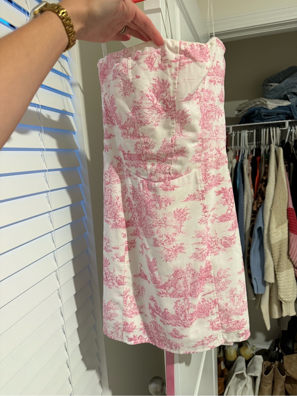 Windsor Strapless White and Pink Toile Mini Dress